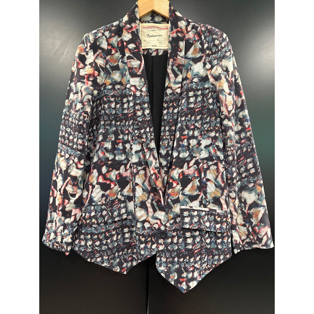 Cartonnier Anthropologie Abstract Print Blazer Jacket Small Blue Red Watercolor
